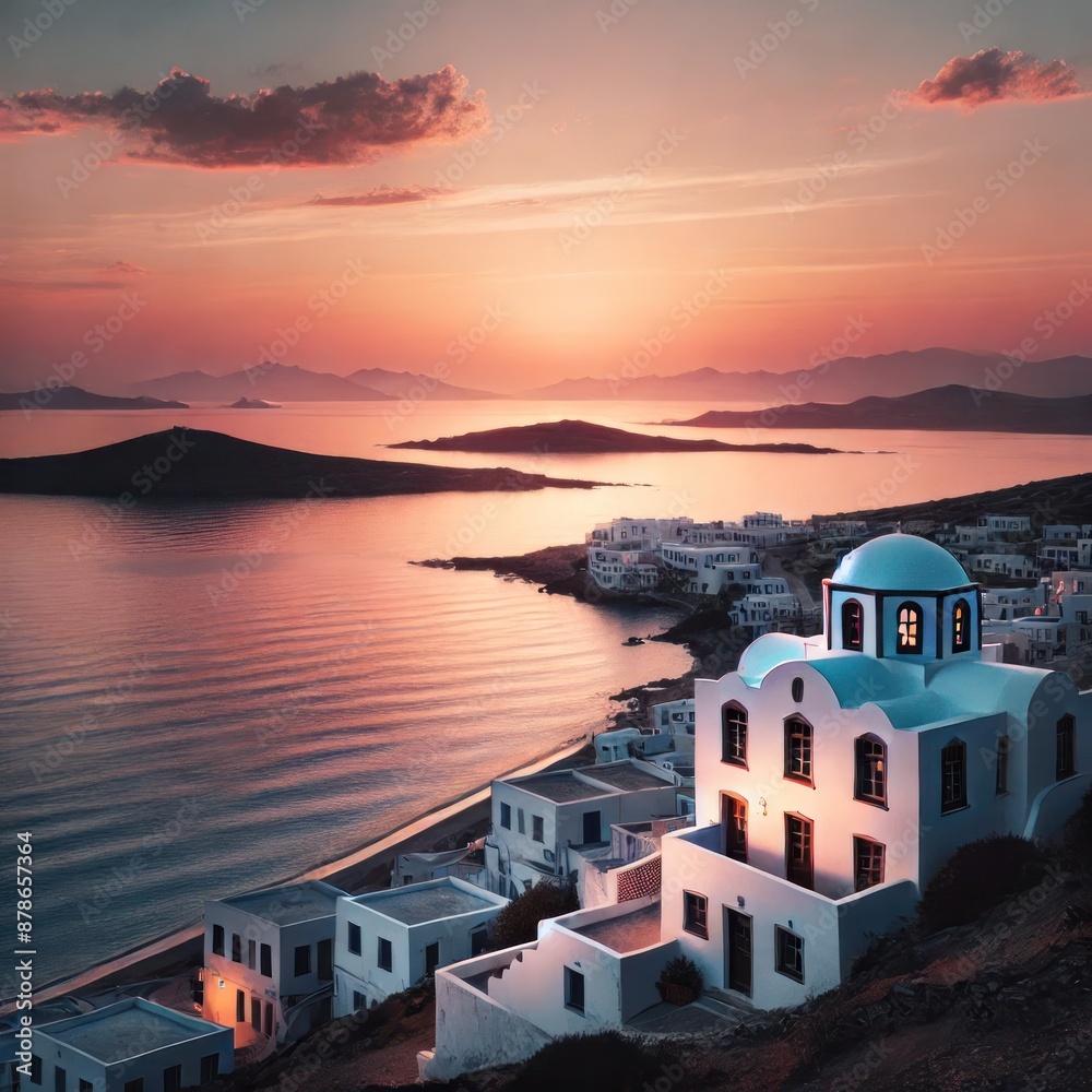 Fototapeta premium Breathtaking sunset over Santorini with picturesque white buildings and ocean view