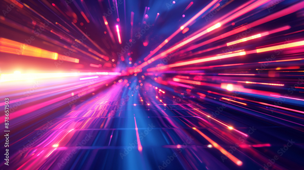 Fototapeta premium Vibrant abstract image illustrating high-speed motion in a digital neon tunnel.