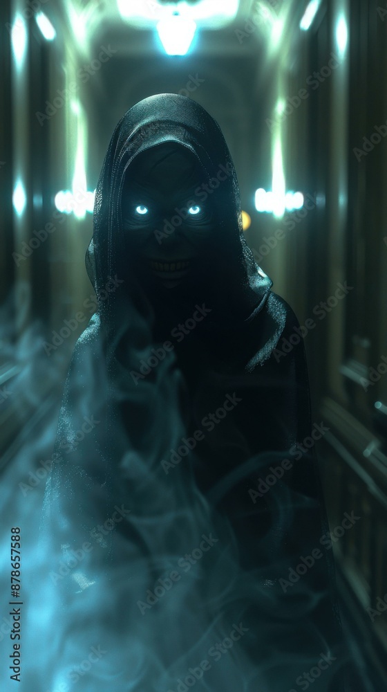 Obraz premium Creepy creature with glowing eyes and a sinister smile. AI.