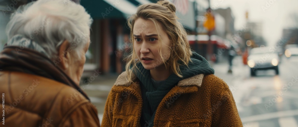 A young woman and an elderly man are having a serious conversation on a city street. AI. A young woman and an elderly man are having a serious conversation on a city street. AI.
