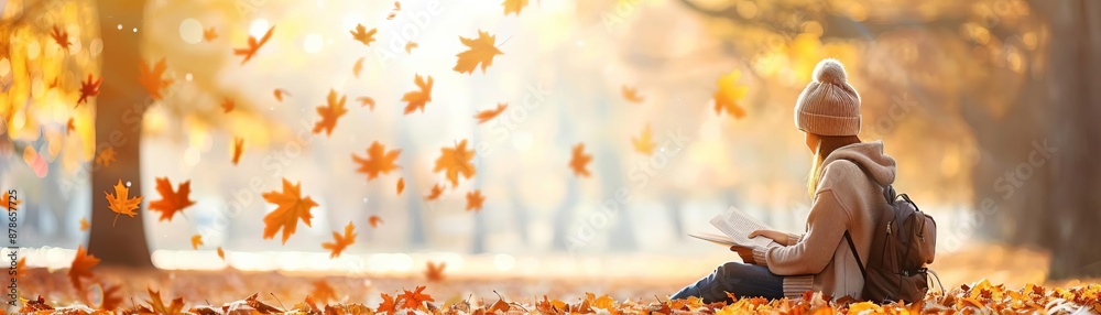 A fall day in the park with students reading books, backpacks resting against the trees, surrounded by vibrant autumn leaves
