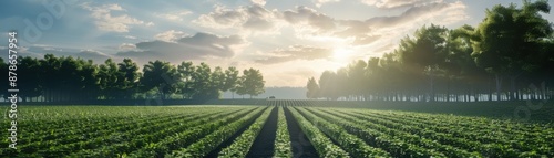 Robot planting trees in a large field, hyperrealistic, agricultural future, ecorobotics, farming innovation, green technology photo