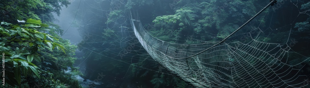 Lifelike spider silk suspension bridge over a gorge, realistic, delicate natural architecture, ethereal scene, spider web structure Lifelike spider silk suspension bridge over a gorge, realistic, delicate natural architecture, ethereal scene, spider web structure
