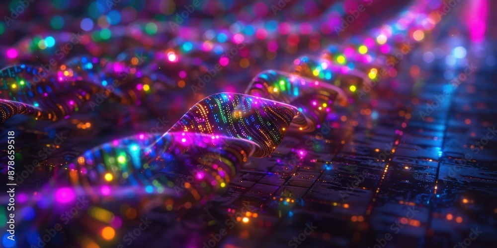 Fototapeta premium Glowing 3D rendering of a DNA helix. AI.