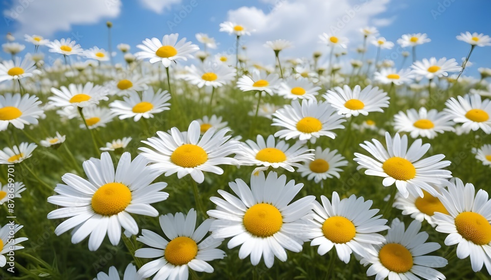 Fototapeta premium Beautiful spring background with blooming chamomile and blue sky