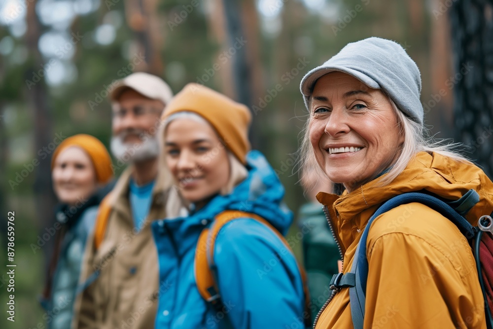 Happy group of seniors traveling together, dressed in winter gear, ideal for travel, friendship, and adventure themes. Happy group of seniors traveling together, dressed in winter gear, ideal for travel, friendship, and adventure themes.