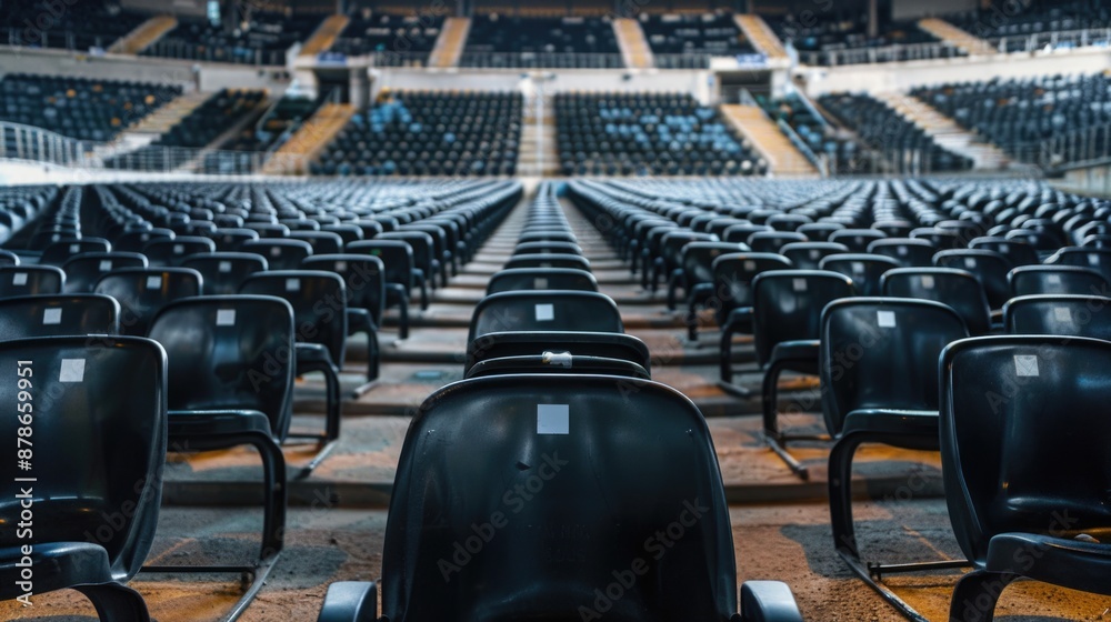 Fototapeta premium A shot of an empty stadium with black chairs lining the seats