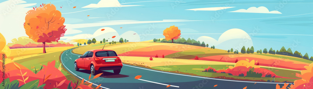 Red car drives on a winding road through a colorful autumn landscape. Red car drives on a winding road through a colorful autumn landscape.