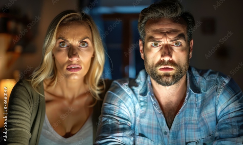 A man and a woman staring at something in shock. AI. A man and a woman staring at something in shock. AI.