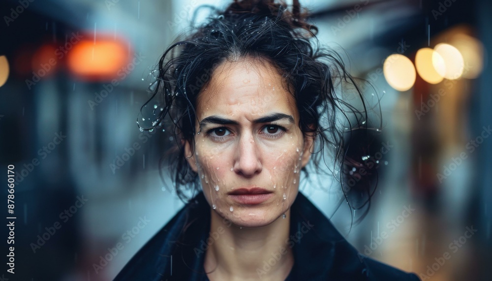 Portrait of a serious-looking woman with wet hair and raindrops on her face. AI.