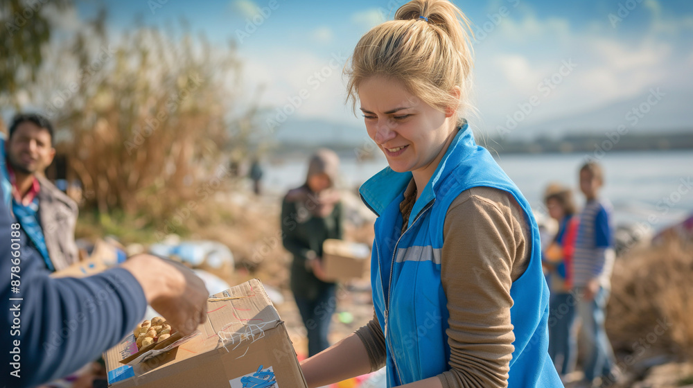 Fototapeta premium Volunteer in blue vest distributes food to refugees.