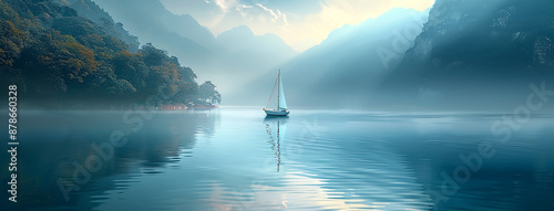 wide banner image of sailing wing boat isolated on a lake water in morning with misty mountain background and cool blue color ambience 