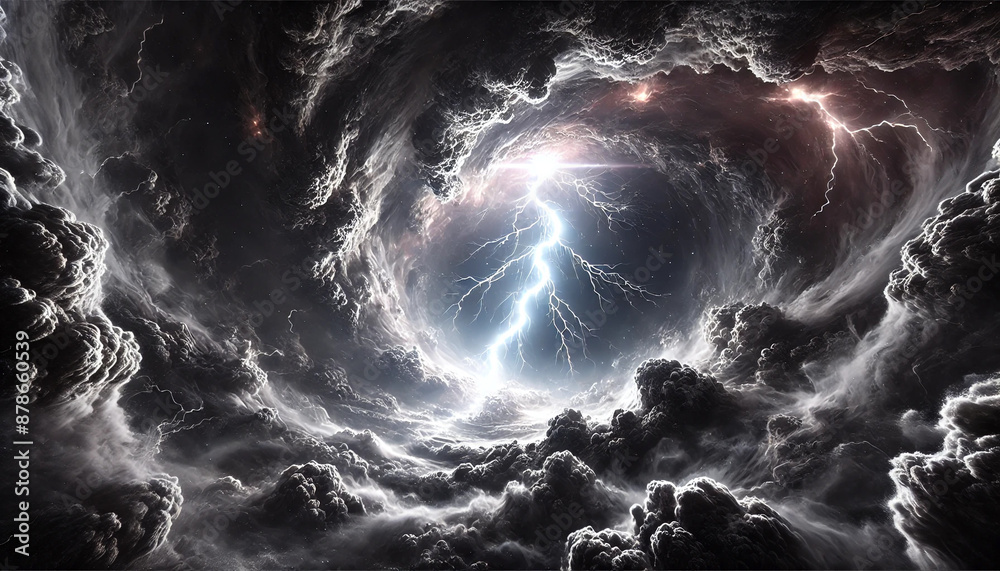 A dark sky with a large, glowing lightning bolt in the center. The sky ...