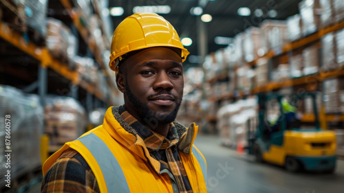 Confident Warehouse Worker Wearing Yellow Hard Hat and Safety Vest