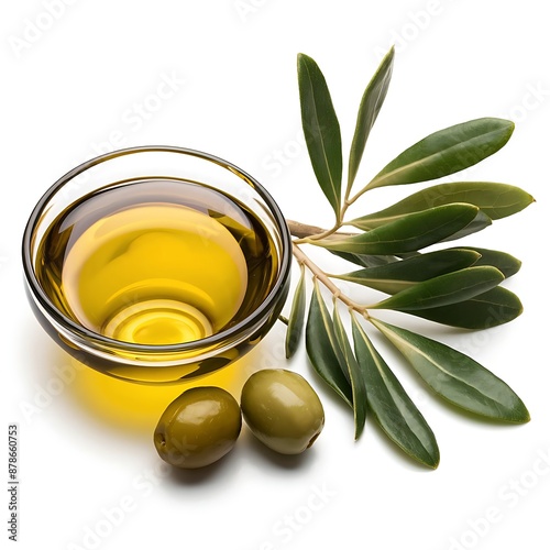 A small glass bowl filled with olive oil is placed beside two green olives and olive leaves against a white background.