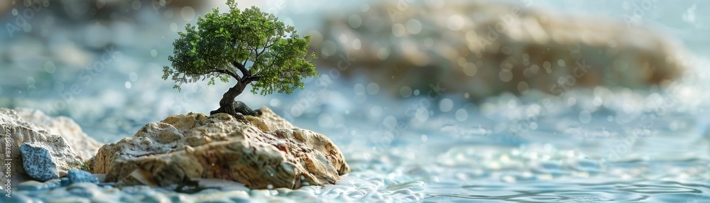 Realistic tree growing from a rock surrounded by ocean waves, isolated tree, maritime environment, natural wonder, sea and stone