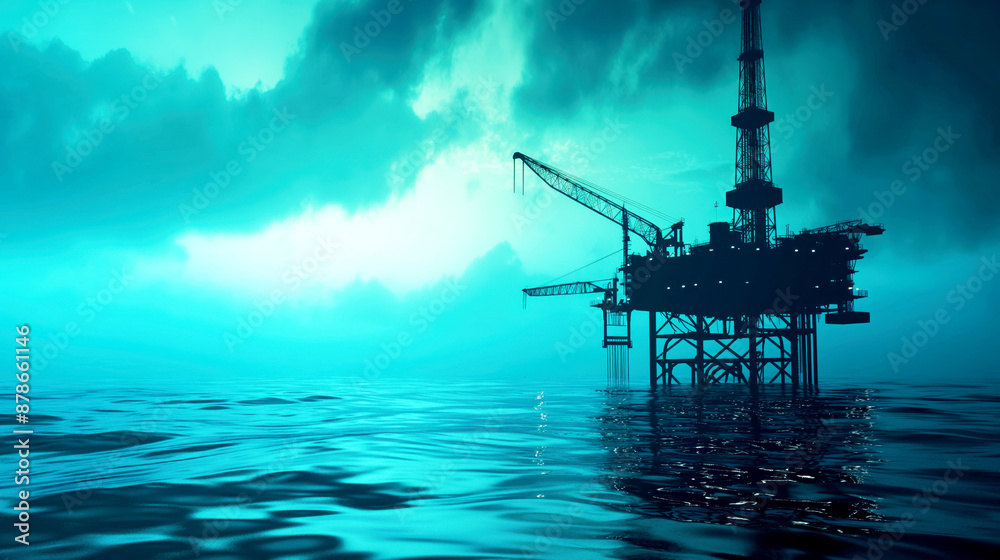 Silhouette of an offshore oil drilling platform in a dramatic twilight, set against a moody sky and calm sea. Silhouette of an offshore oil drilling platform in a dramatic twilight, set against a moody sky and calm sea.