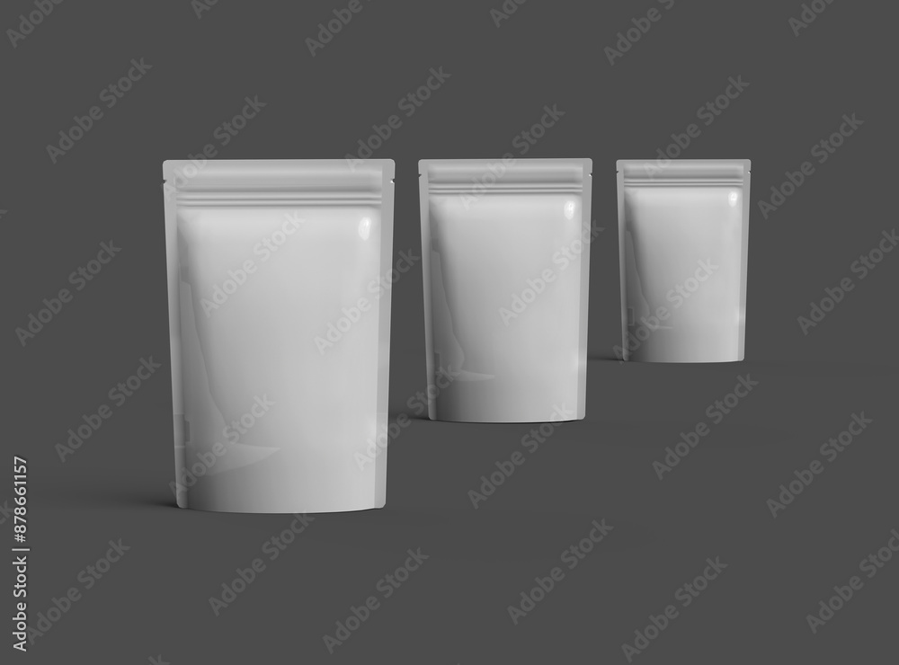 3D render of a glossy sealed doypack packaging with a zipper on a dark background