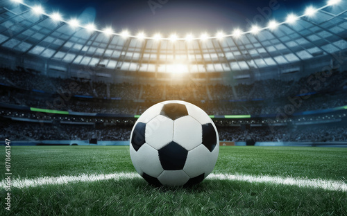 soccer ball awaits the action in a brightly lit stadium