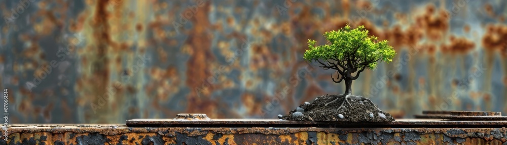 Hyperrealistic image of a tree growing from steel scrap, nature overcoming industry, green resilience, steel and tree contrast Hyperrealistic image of a tree growing from steel scrap, nature overcoming industry, green resilience, steel and tree contrast
