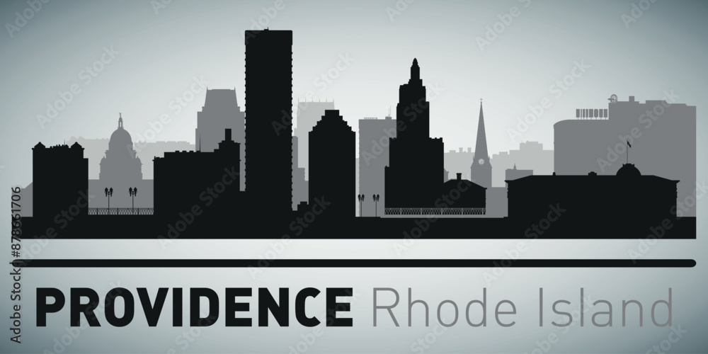 Naklejka premium The city skyline. Providence Rhode Island. Silhouettes of buildings. Vector on a gray background