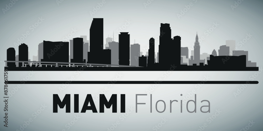 Fototapeta premium The city skyline. Miami Florida. Silhouettes of buildings. Vector on a gray background