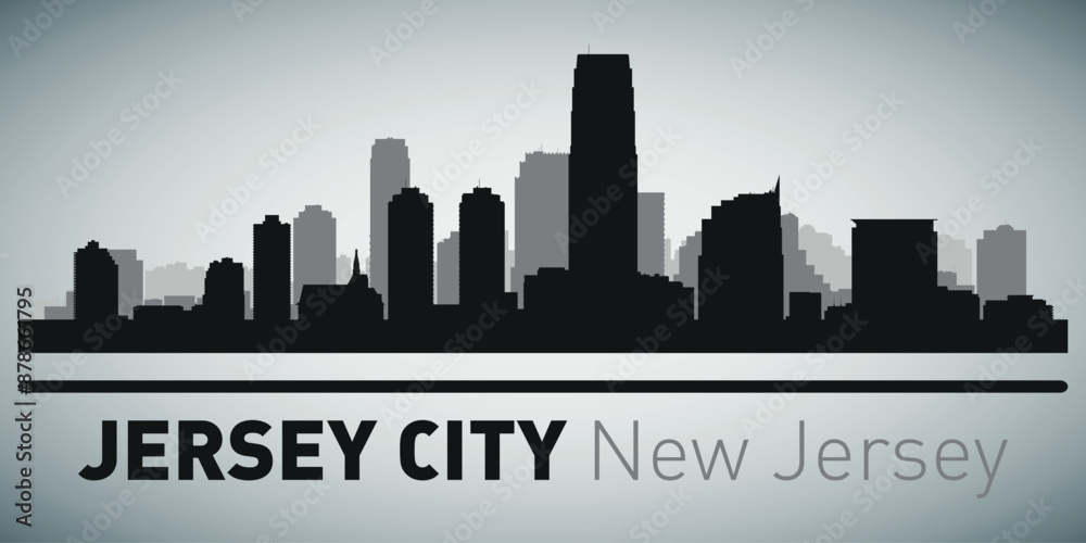 Naklejka premium The city skyline. Jersey City. Silhouettes of buildings. Vector on a gray background