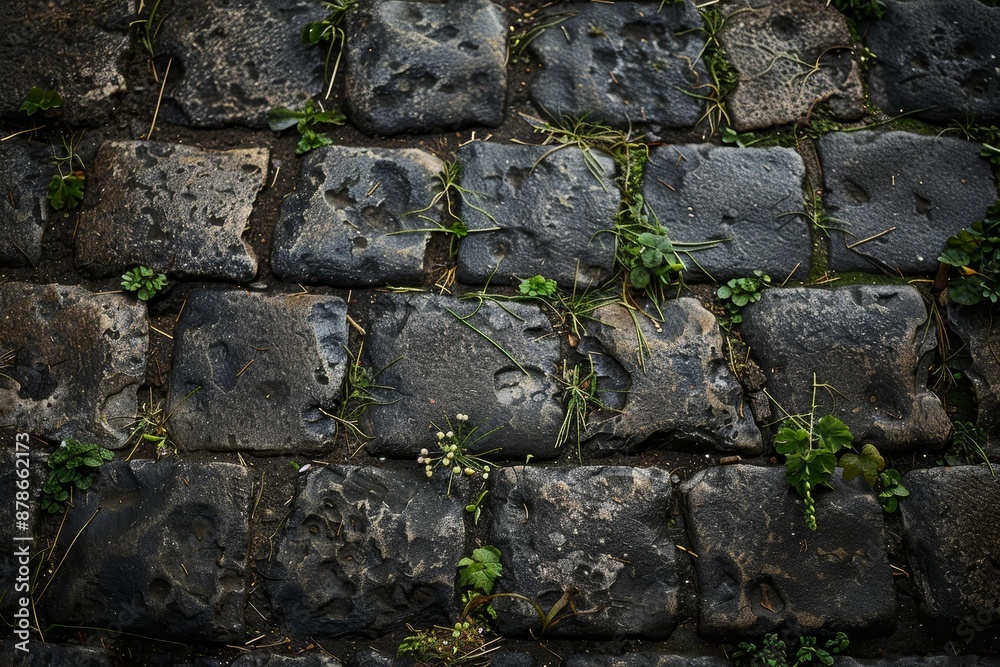Detailed view of a brick wall covered in grass, showcasing natures resilience in urban environments, Bumpy cobblestone with weeds pushing through the gaps Detailed view of a brick wall covered in grass, showcasing natures resilience in urban environments, Bumpy cobblestone with weeds pushing through the gaps