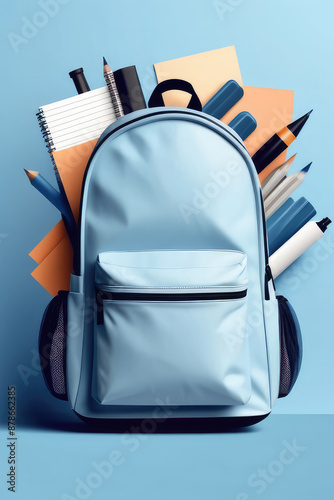 Blue color backpack with school supplies on pastel blue background.