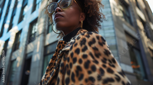 A strong African American woman wearing a leopard print coat, looking determined and self-assured photo