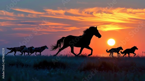 Silhouette of Horse Running with Wolves at Sunset