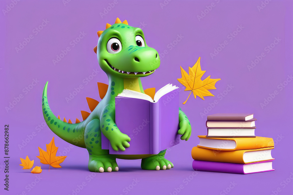 Cute dinosaur reads a book on lilac background. Cute dinosaur reads a book on lilac background.