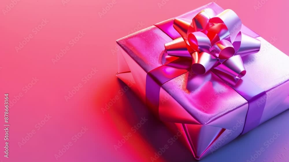 Shiny gift box wrapped in metallic paper with pink bow rotating on vibrant background. perfect for holiday, Valentine's day, birthday, and celebration themes.