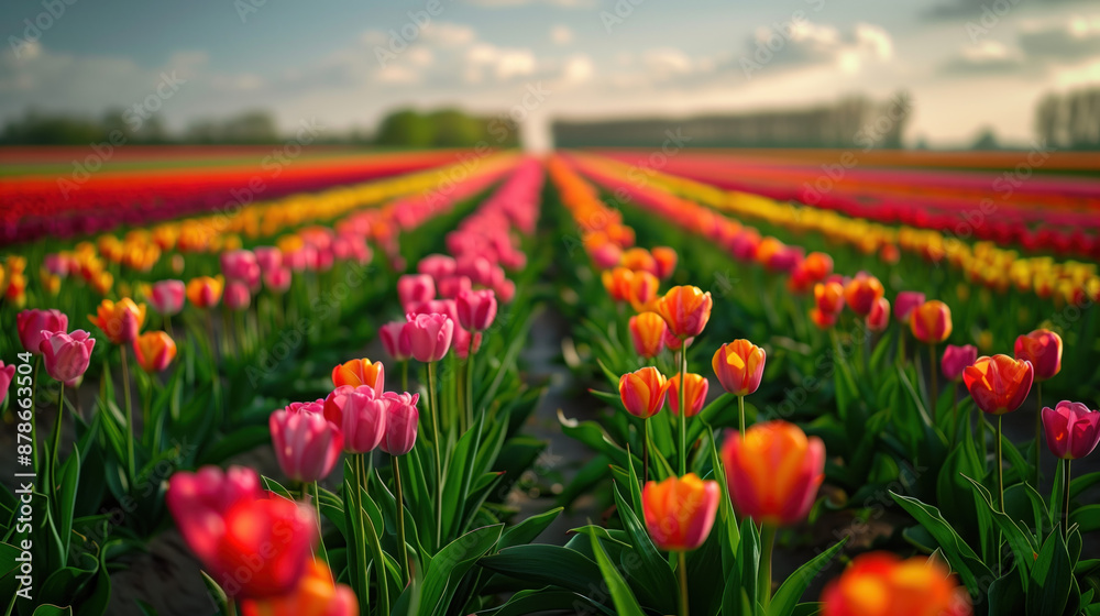 Fototapeta premium Field of colorful tulips, tulip plantation
