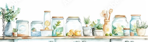 Green lifestyle, zerowaste kitchen with reusable containers, sustainable habits, Watercolor style