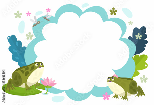 turquoise round frame with toads, mosquitoes, lotus flower, with white background, vector illustration