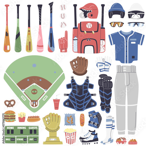 Baseball professional equipment set with catcher's uniform. Popular stadium junky fast food. Court field match map and inventory elements isolated. US outdoor sport hand drawn flat vector illustration