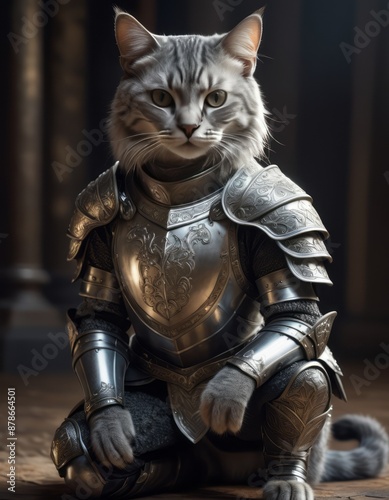 kneeling cat knight, portrait, finely detailed armor, intricate design, silver, silk, cinematic lighting, dramatic lighting, 4k 