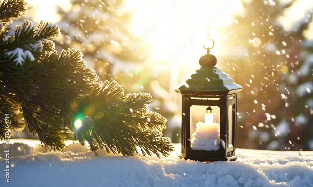 Christmas Lantern On Snow With Fir Branch in the Sunlight. Winter Decoration Background Christmas Lantern On Snow With Fir Branch in the Sunlight. Winter Decoration Background