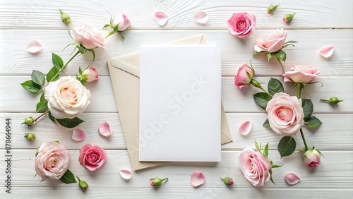 Elegant Wedding Invitation Mockup on White Table Top View