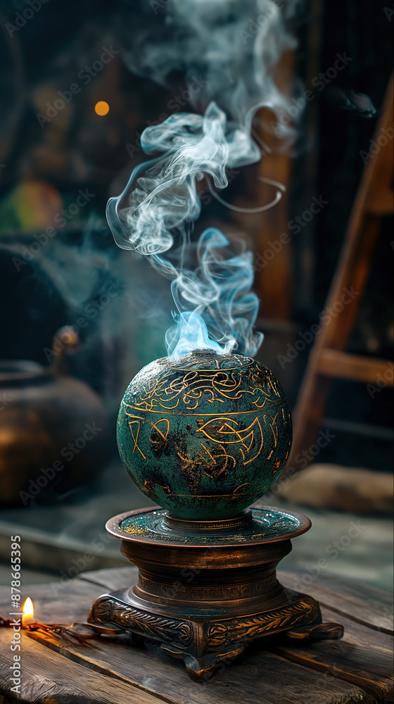 An ornately designed incense burner sits atop a wooden surface. The burner, which appears to be made of bronze or a similar metal, is spherical with intricate carvings and patterns that have a golden An ornately designed incense burner sits atop a wooden surface. The burner, which appears to be made of bronze or a similar metal, is spherical with intricate carvings and patterns that have a golden
