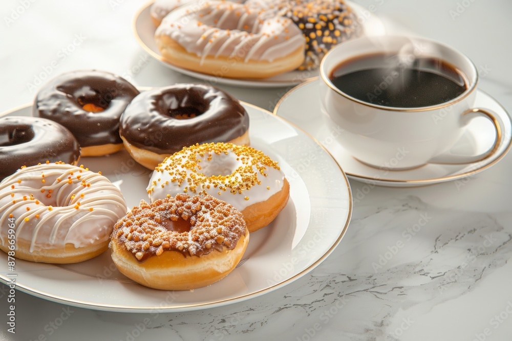 Delicious Donuts and a Steaming Cup of Coffee Background Delicious Donuts and a Steaming Cup of Coffee Background