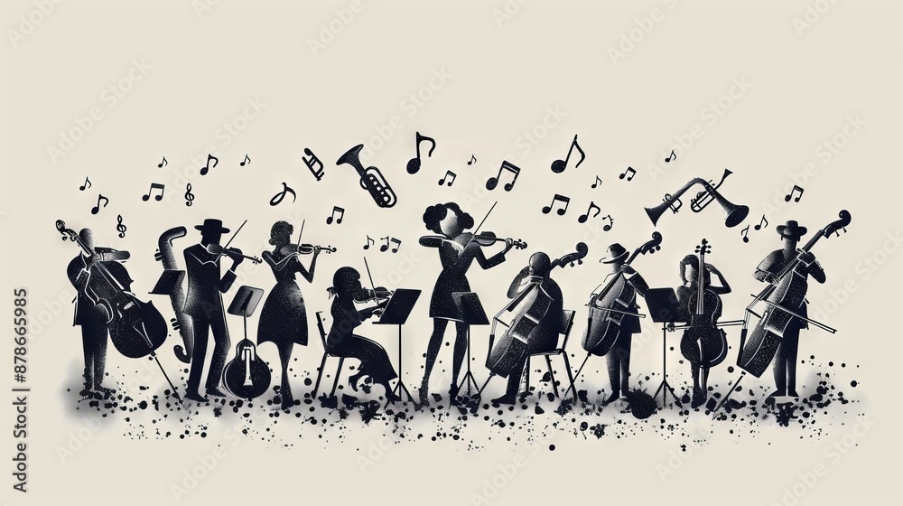The image shows a group of musicians playing various musical instruments. The image shows a group of musicians playing various musical instruments.