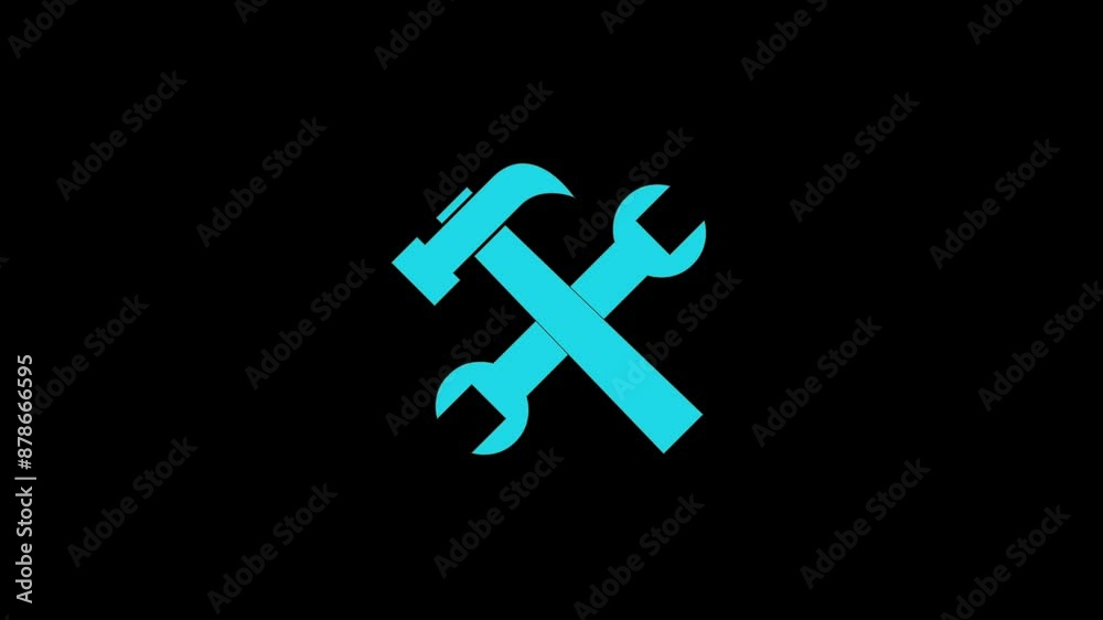Hammer werench shape icon cyan color animation on black background Hammer werench shape icon cyan color animation on black background