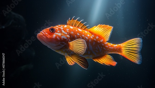 A bright orange-spotted fish stands out vividly in the deep ocean, illuminated by gentle light, highlighting the vibrancy and beauty of underwater life and natural aquatic surroundings. photo
