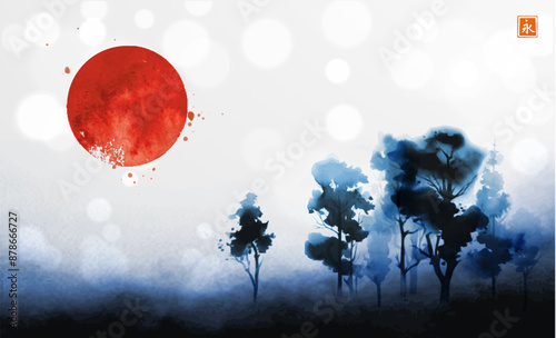 Minimalist ink wash painting of blue misty trees and big red sun on white glowing background. Traditional Japanese ink wash painting sumi-e. Translation of hieroglyph - zen