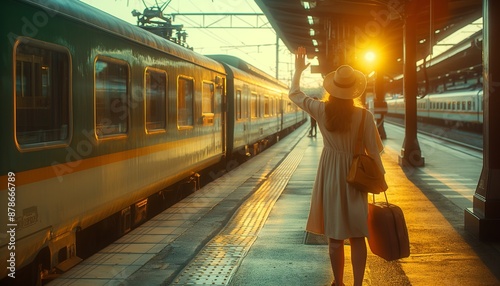 Elegantly dressed woman with a suitcase waves at a train during a vibrant sunset, evoking a sense of travel and nostalgia