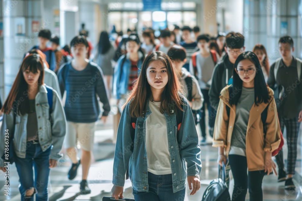 Obraz premium A diverse group of individuals, including travelers, families, and airport staff, walking through a busy airport terminal, Capture the bustling energy of students moving between classes