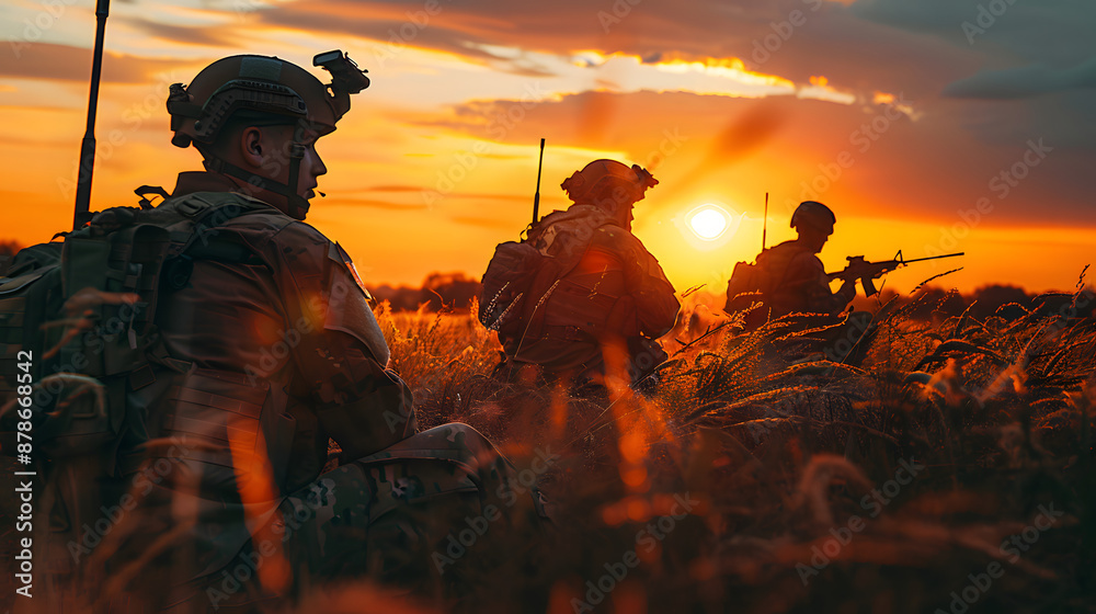 people on military operation mission sunset in field people on military operation mission sunset in field