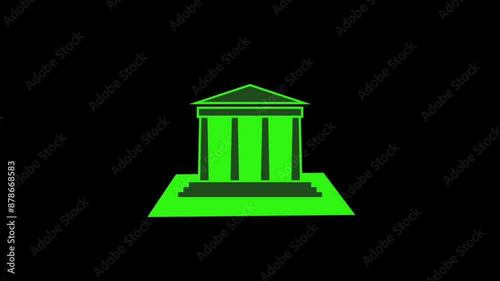 Classical architecture building shape icon green color animation on black background Classical architecture building shape icon green color animation on black background